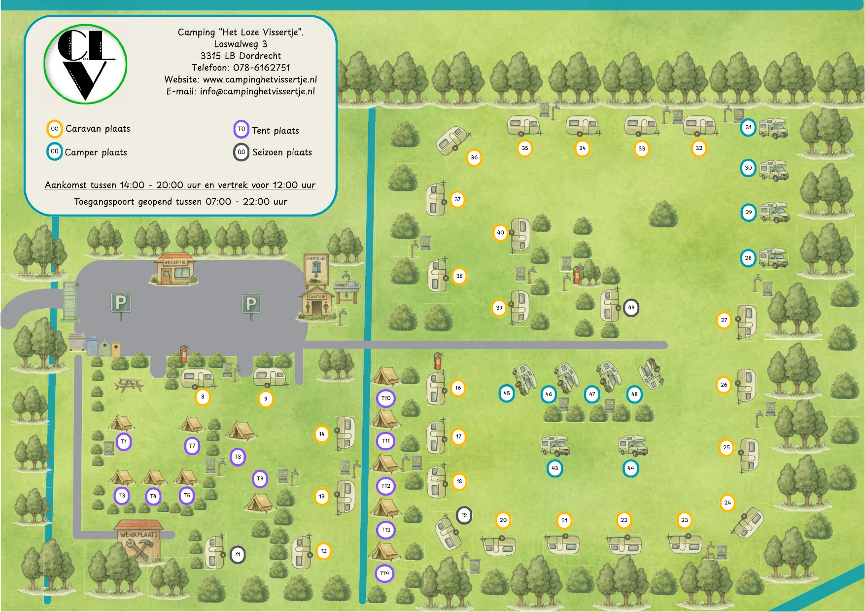 Plattegrond van Camping Het Loze Vissertje met genummerde kampeerplaatsen en voorzieningen